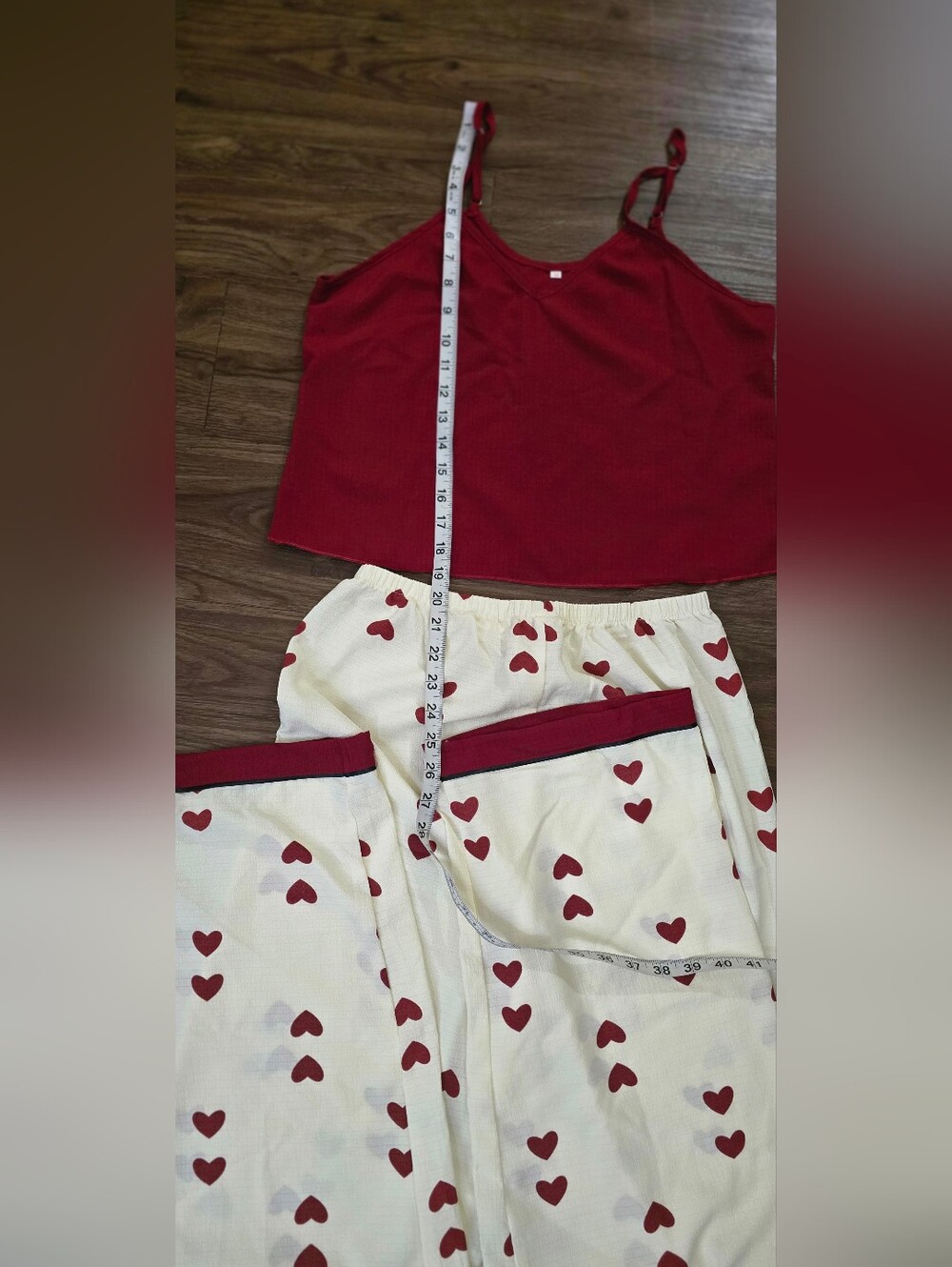 Color Block Heart Print V-Neck Cami & Pants Pajama Set wine red M - Picture 9 of 13